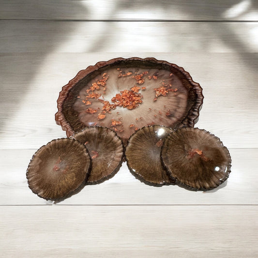 Brown Serving Tray and Matching Coasters Set