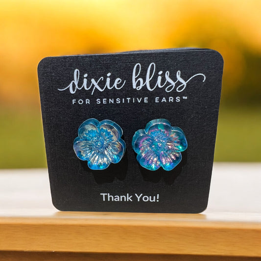 Blue iridescent flower earring