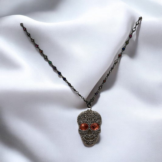 Coral-Eyed Sugar Skull Necklace